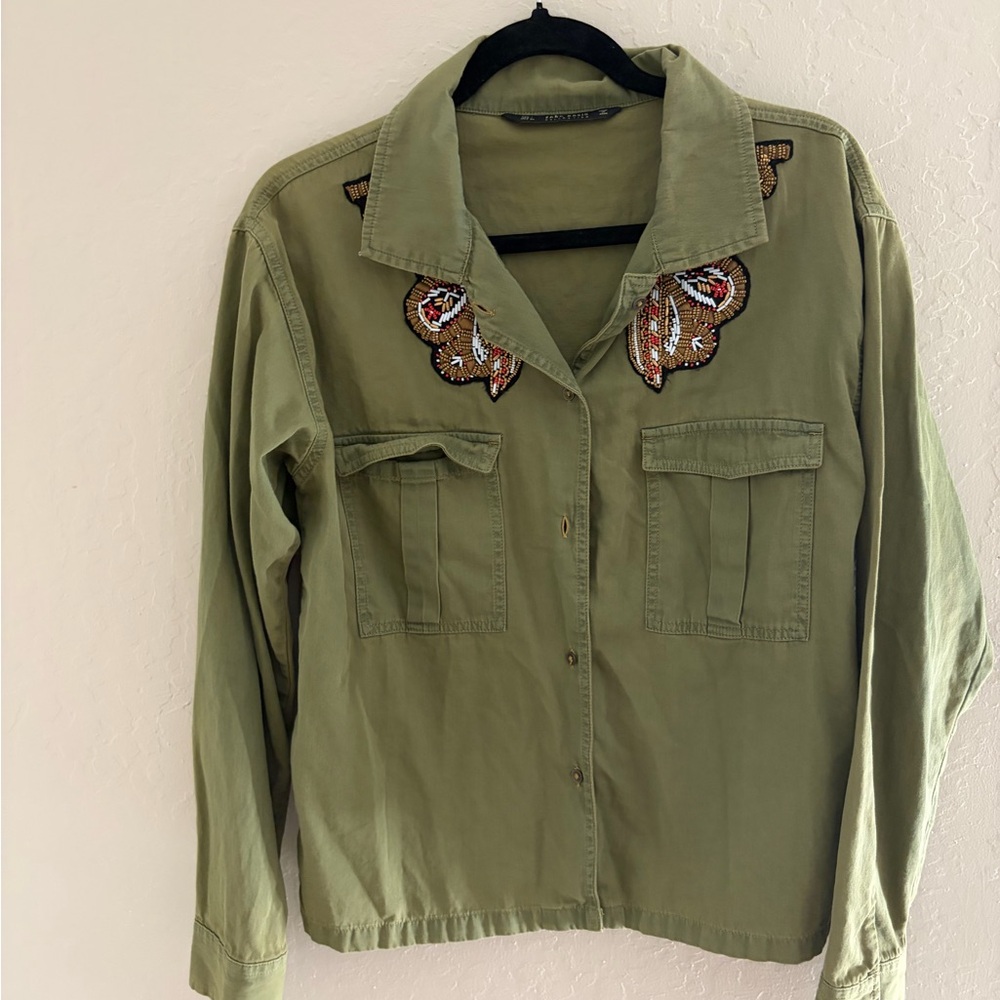 Zara butterfly military Embroidered distressed Utility Jacket